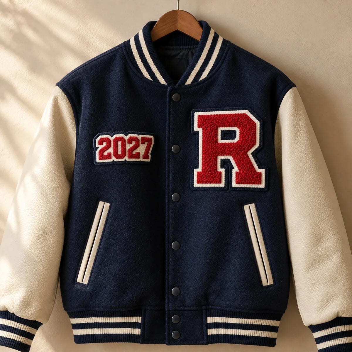 A chenille varsity letter patch on a navy and cream letterman jacket
