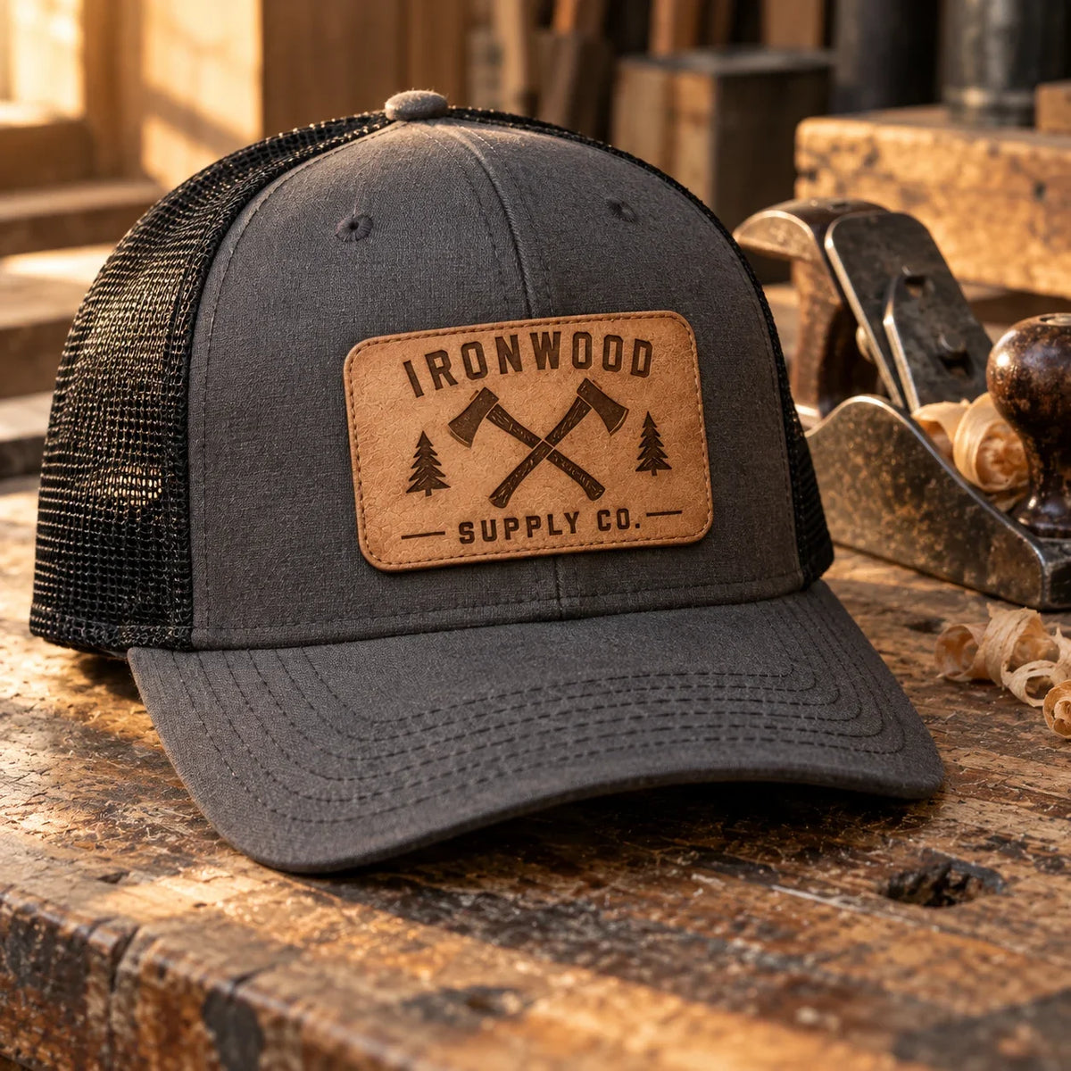 A laser engraved leather patch on the front of a charcoal and black trucker hat