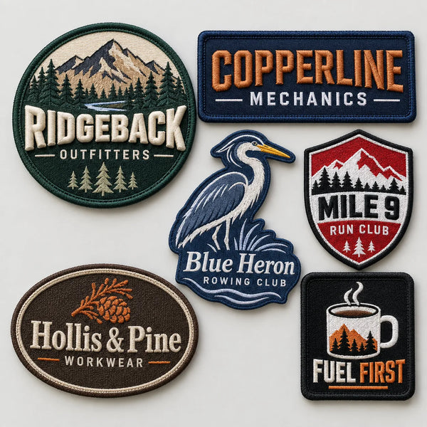Assorted custom embroidered patches with merrow and hot-cut borders, including a 3D embroidered crest