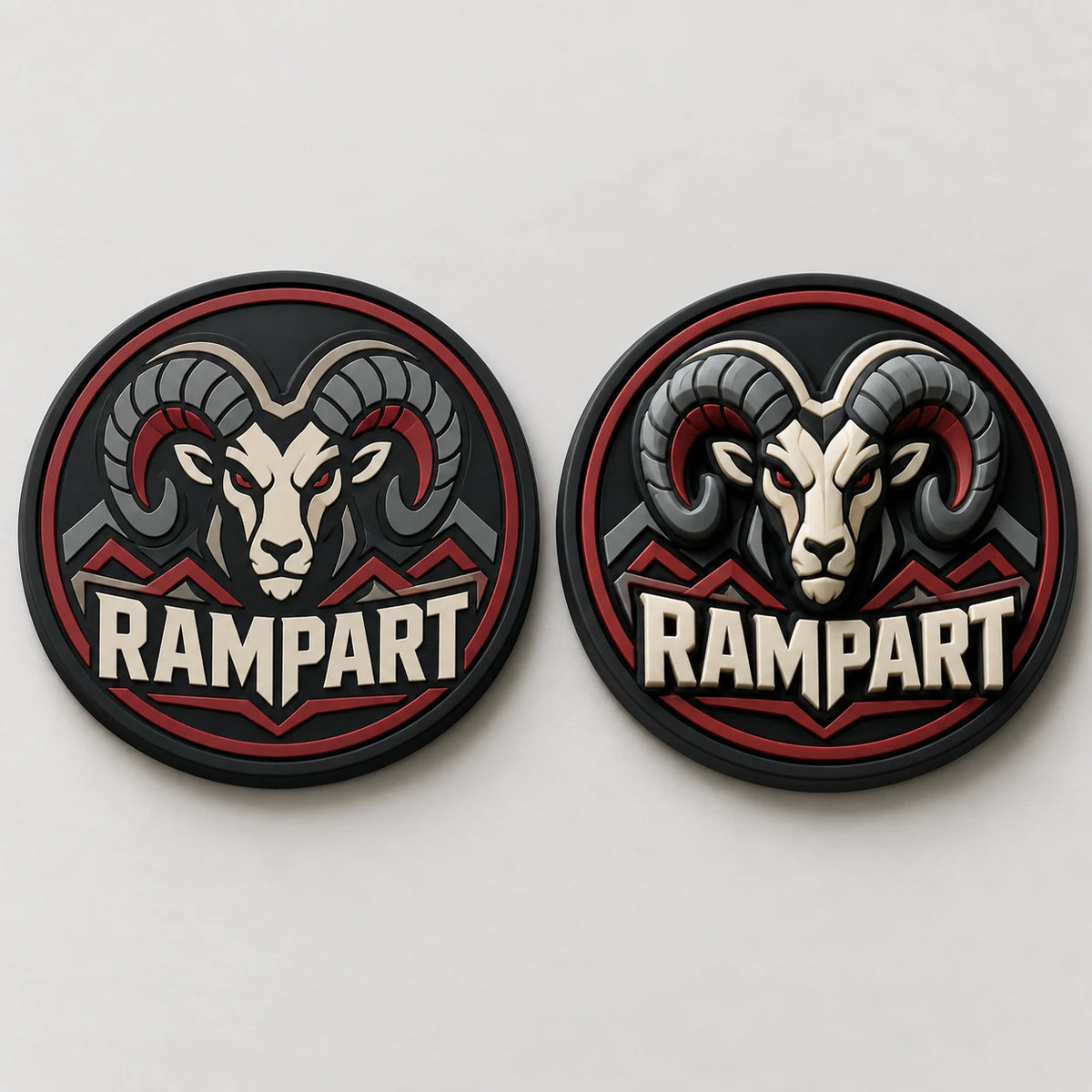 2D PVC patch next to a 3D PVC patch showing the raised molded layers