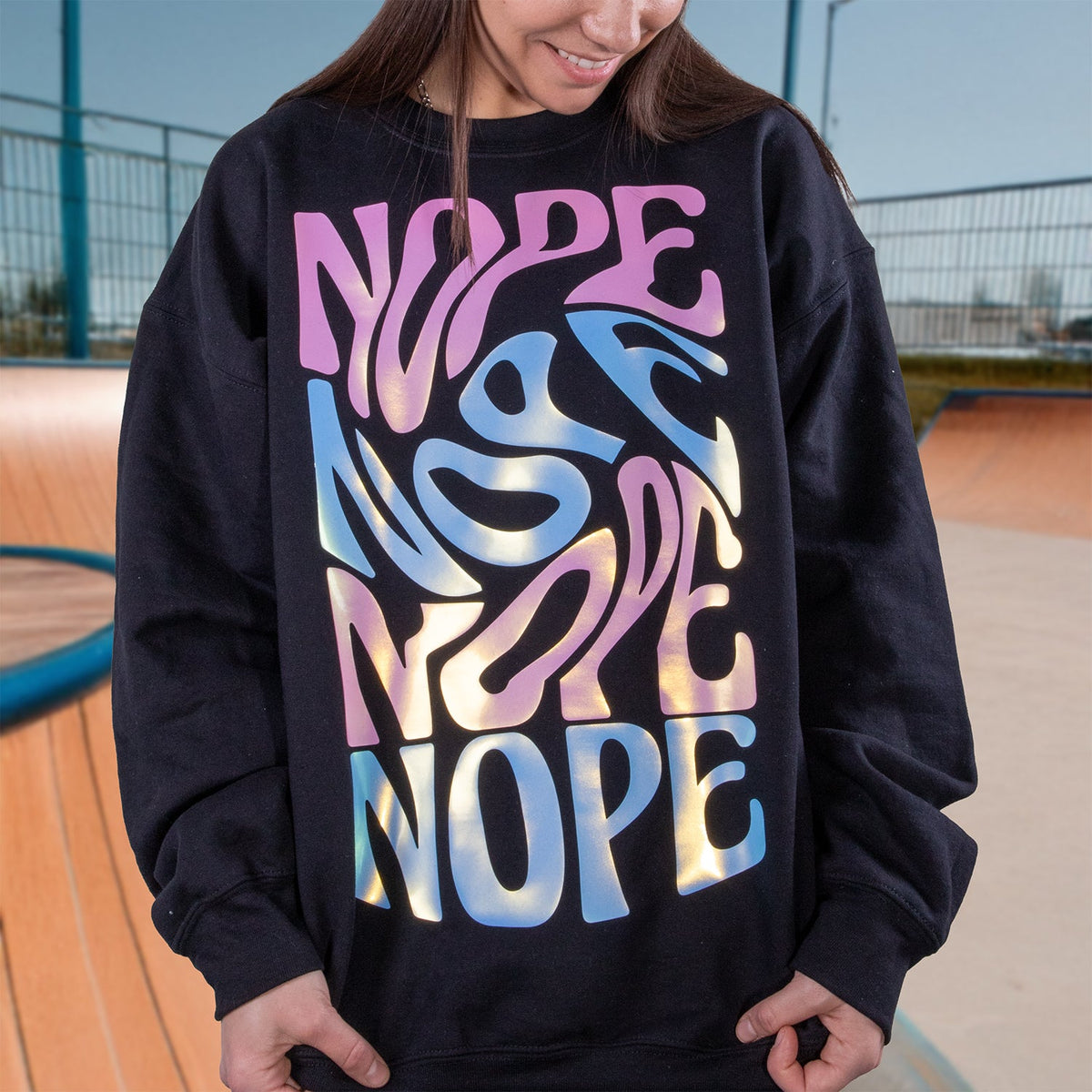 Brick 600 Pearl design pressed on a black crewneck sweatshirt
