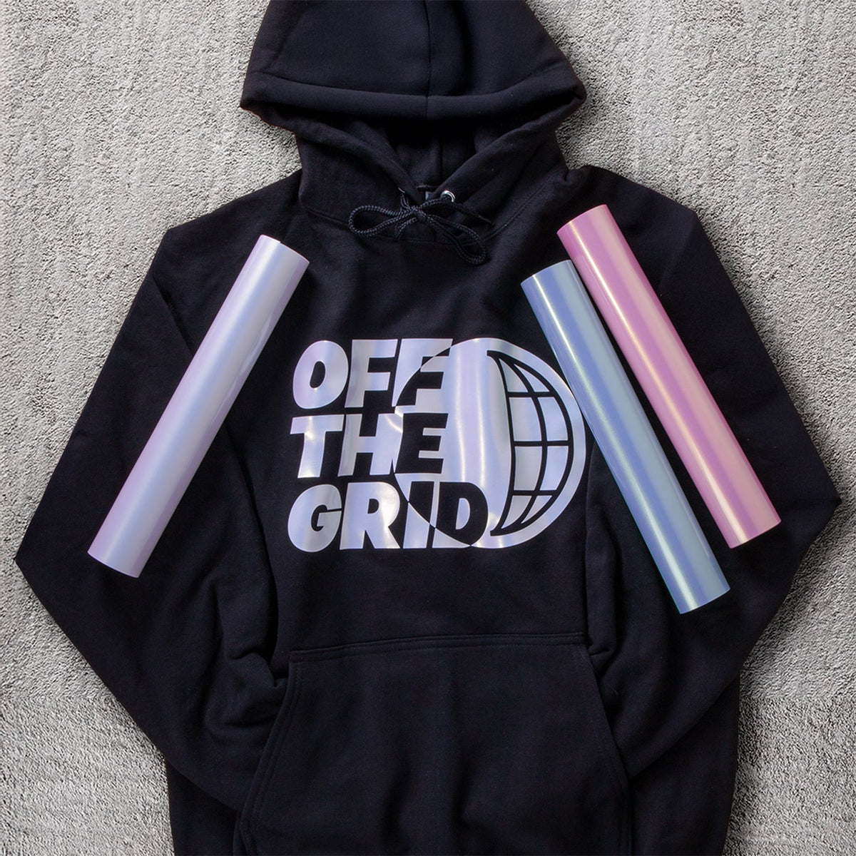 Brick 600 Pearl White design pressed on a black hoodie, shown with all three Pearl rolls