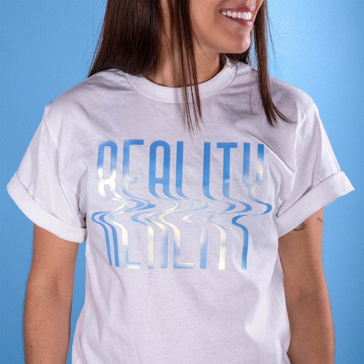 Brick 600 Pearl Blue design pressed on a white t-shirt