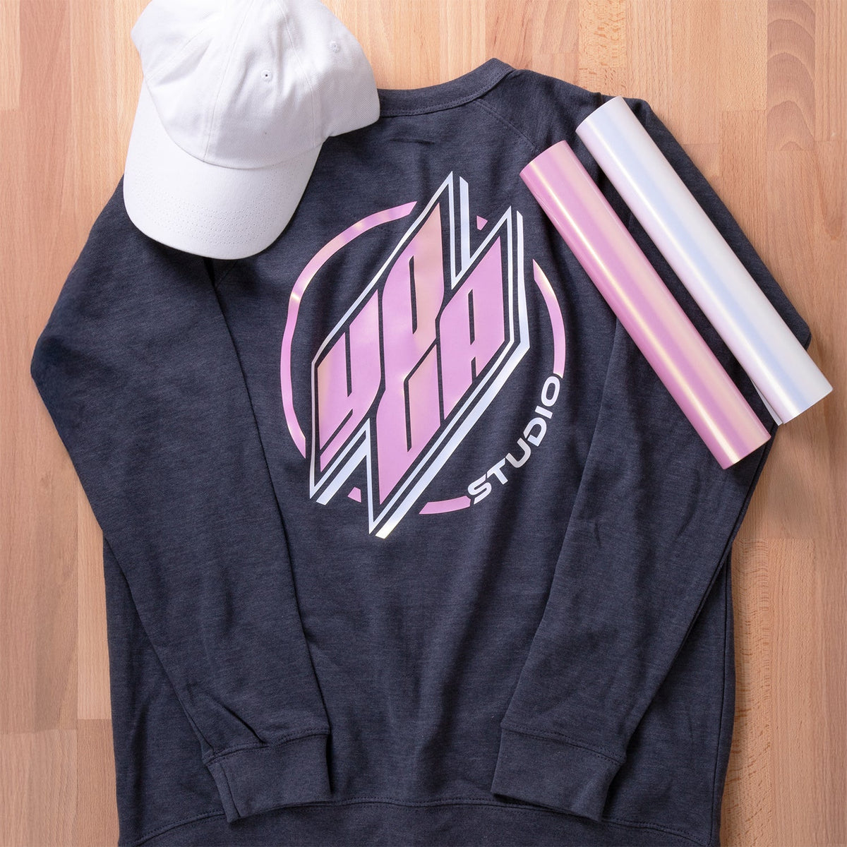 Brick 600 Pearl Pink design pressed on a charcoal crewneck sweatshirt