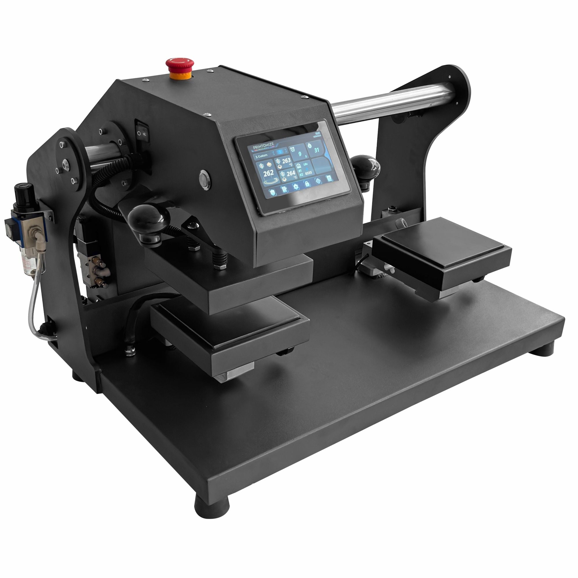 Hyper Stamp Label 6" x 6" Press by Printomize America showcasing a dual heat press machine with a smart control touch screen.