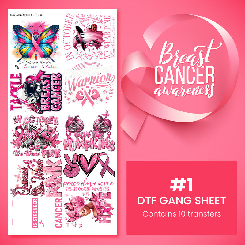 Brustkrebs-Aufklärungsbogen (BCA) DTF-Transferblatt Nr. 1 - 10 Designs