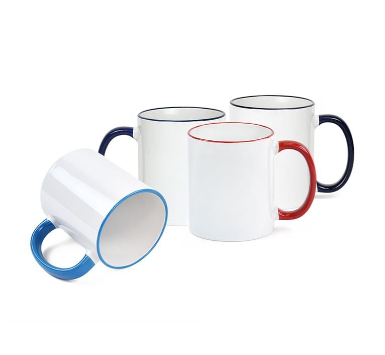 White Ceramic Sublimation Mug w/ Colored Rim & Handle - 11oz