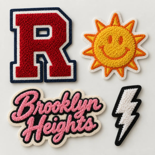 Assorted custom chenille patches including a varsity letter and script patch