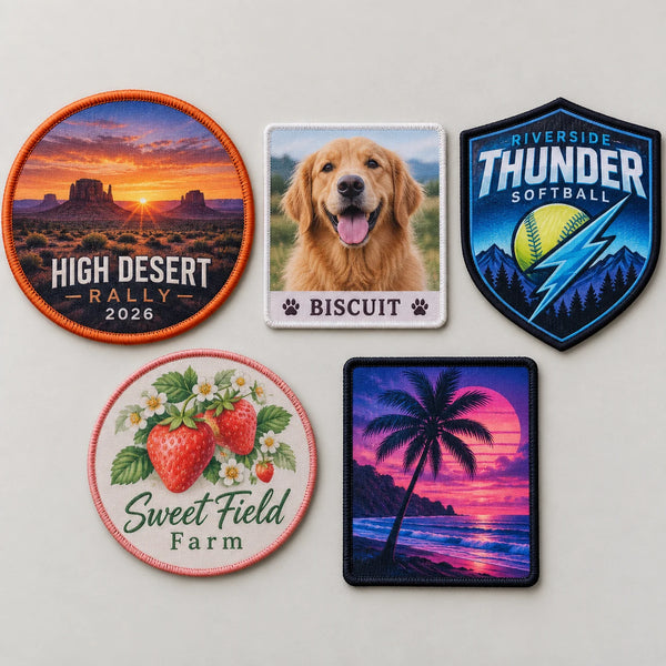 Assorted full-color sublimated patches including a photo and pet portrait