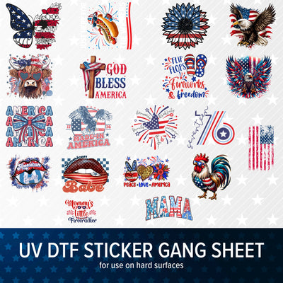 Delonda's 4th of July UV DTF Sticker Gang Sheet (19 stickers) (15" x 12")