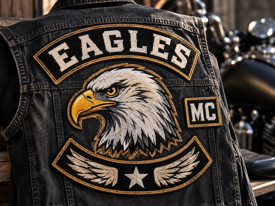 Large embroidered club patch and rockers on a black denim vest