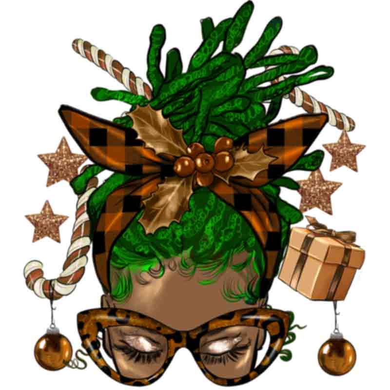 Melanin Christmas Afro Messy Bun Green Locs (DTF Transfer)
