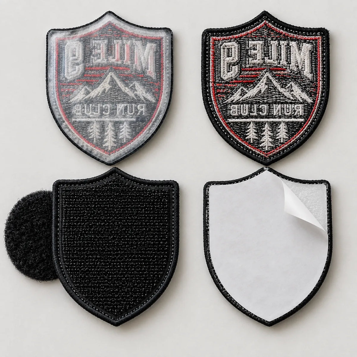 Four patch backings shown from behind: iron-on, sew-on, hook and loop, and peel and stick