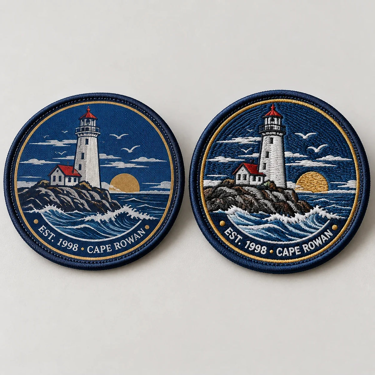A woven patch next to an embroidered patch showing the finer detail woven holds