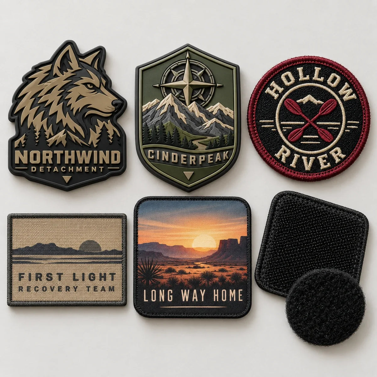 Flat lay of custom morale patches in PVC, embroidered and woven styles with hook and loop backing