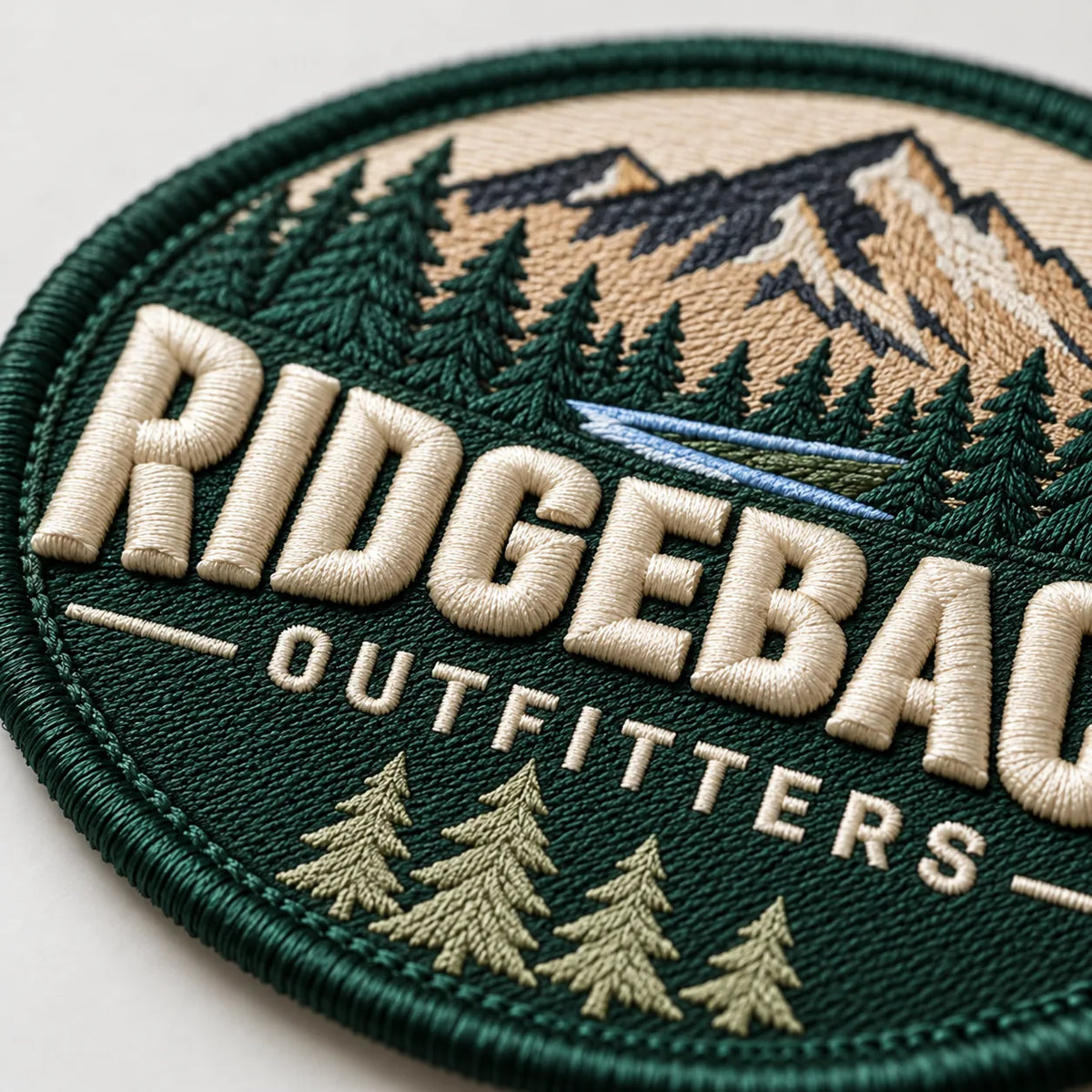 Close-up of satin stitch lettering, fill stitching and a merrow border on a custom embroidered patch
