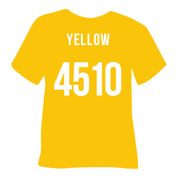 4510 S Yellow POLI-FLEX® BLOCKOUT SOFT Heat Transfer Vinyl color swatch on yellow t-shirt