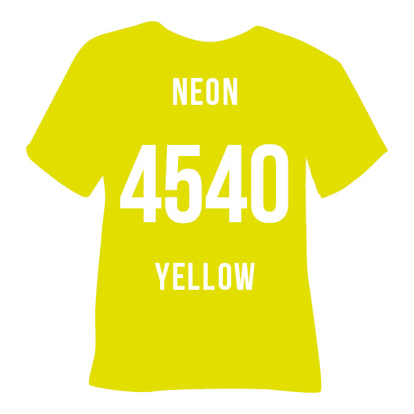 4540 S Neon Yellow POLI-FLEX® BLOCKOUT SOFT Heat Transfer Vinyl color swatch on neon yellow t-shirt