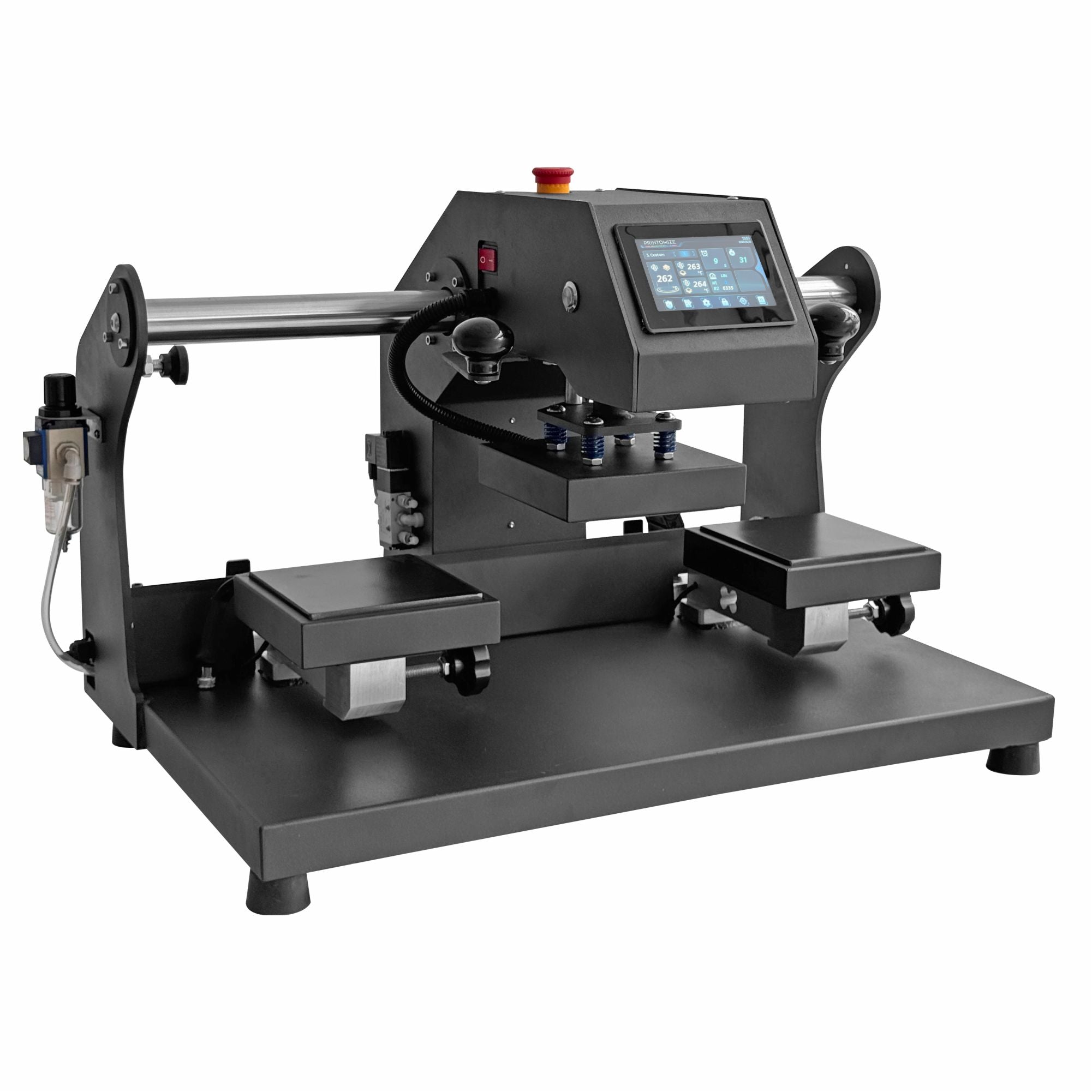 Hyper Stamp Label 6" x 6" Press by Printomize America in action with its industrial-grade heat press features and dual heat plates.