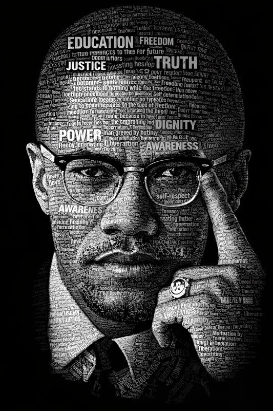Malcolm X Calligram (for use on black shirts only) - STK07613 (DTF Transfers)