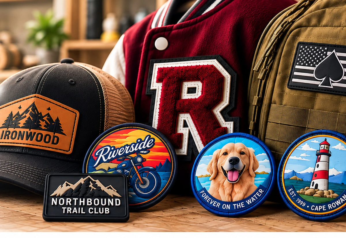 Assorted custom patches displayed on hats, apparel and tactical gear