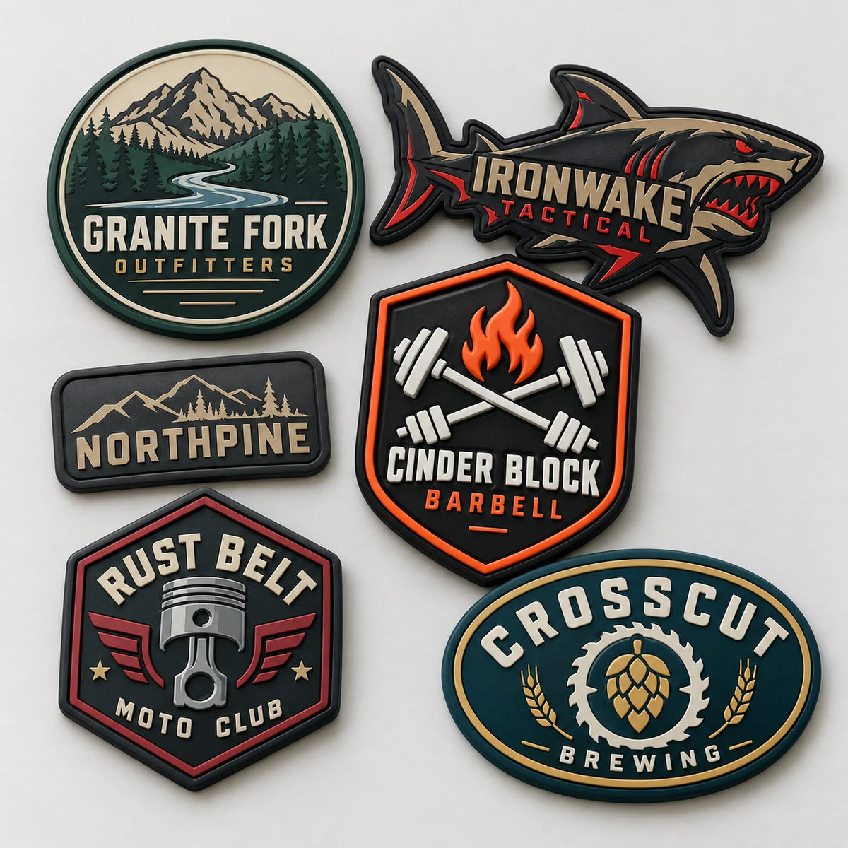 Assorted custom PVC rubber patches in 2D and 3D molded styles