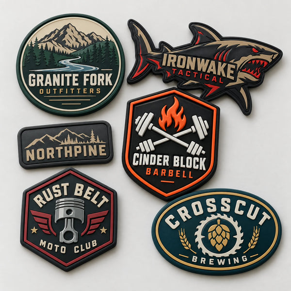 Assorted custom PVC rubber patches in 2D and 3D molded styles