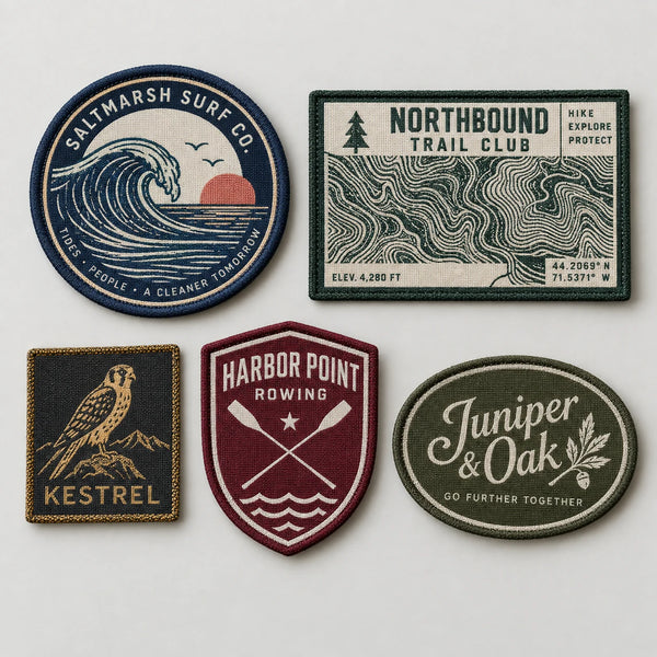 Assorted custom woven patches with fine thread detail and small lettering