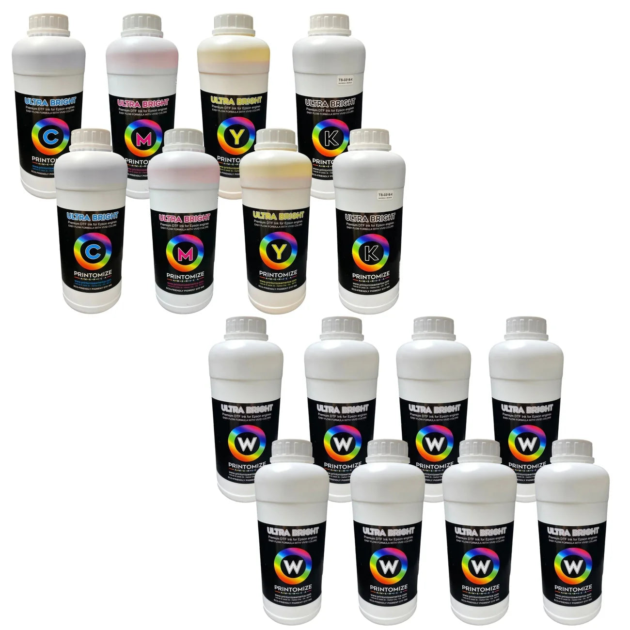 Ultra Bright Large DTF Ink Bundle - (2 liters of each CYMK + 8 liter of White)