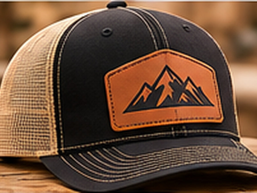 Leather custom patch applied to a premium trucker hat