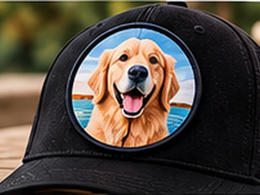 Full-color sublimated photo patch applied to a black cap
