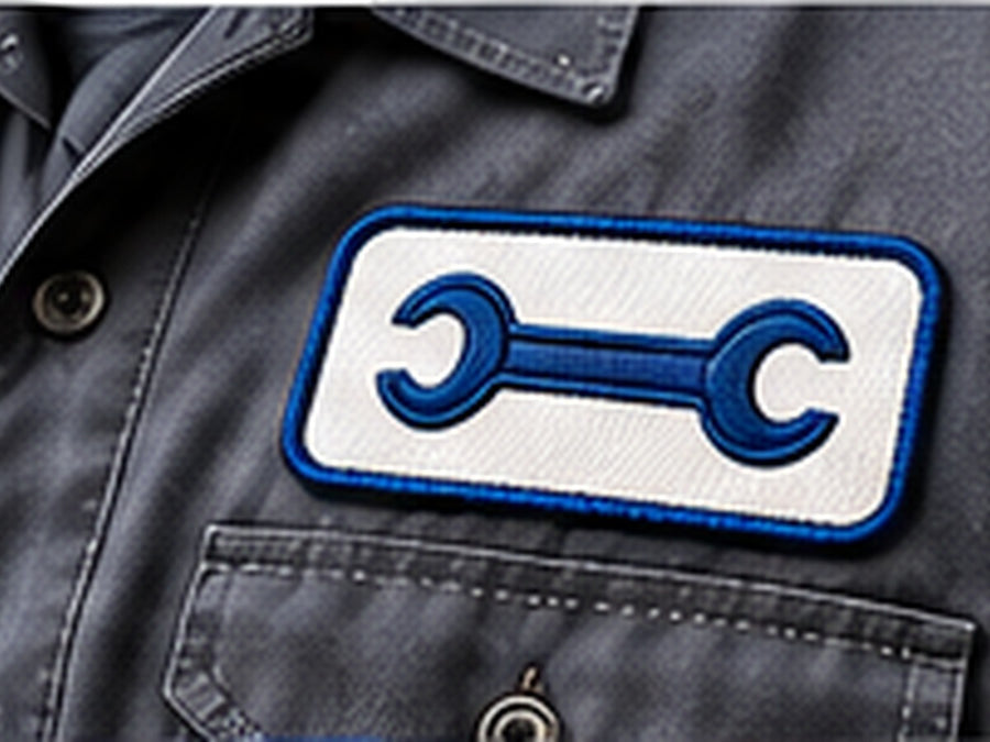 Embroidered custom patch applied to a work uniform shirt