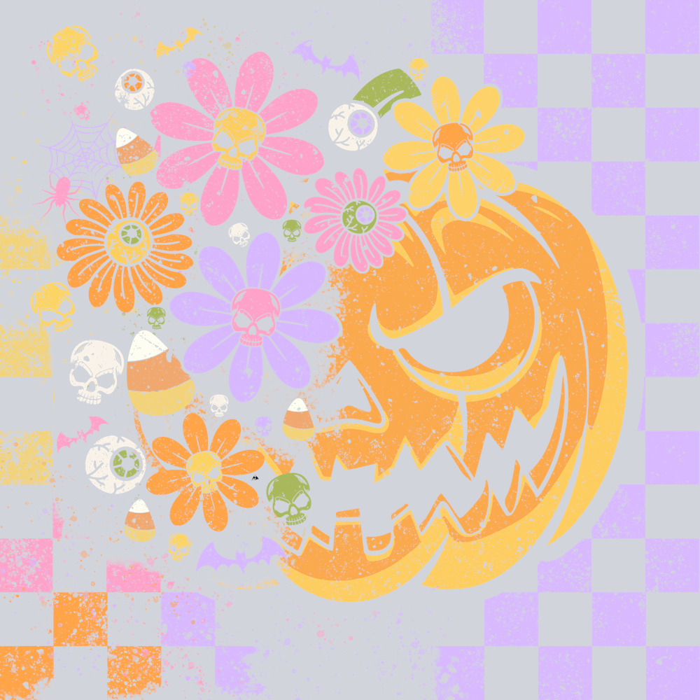 Spooky Halloween Pumpkin Flowers and Checkerboard - STK07400