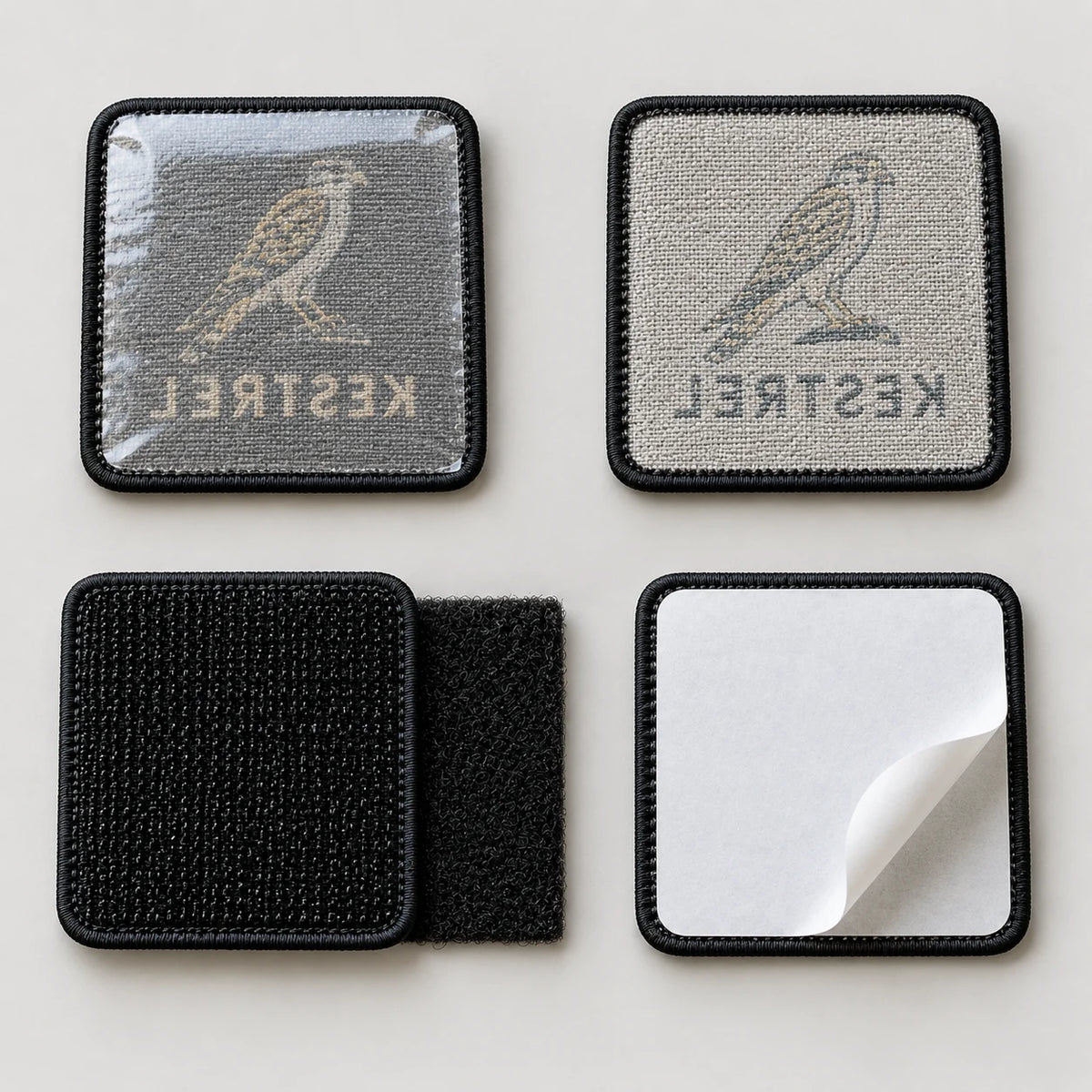 Woven patch backings: iron-on, sew-on, hook and loop, peel and stick
