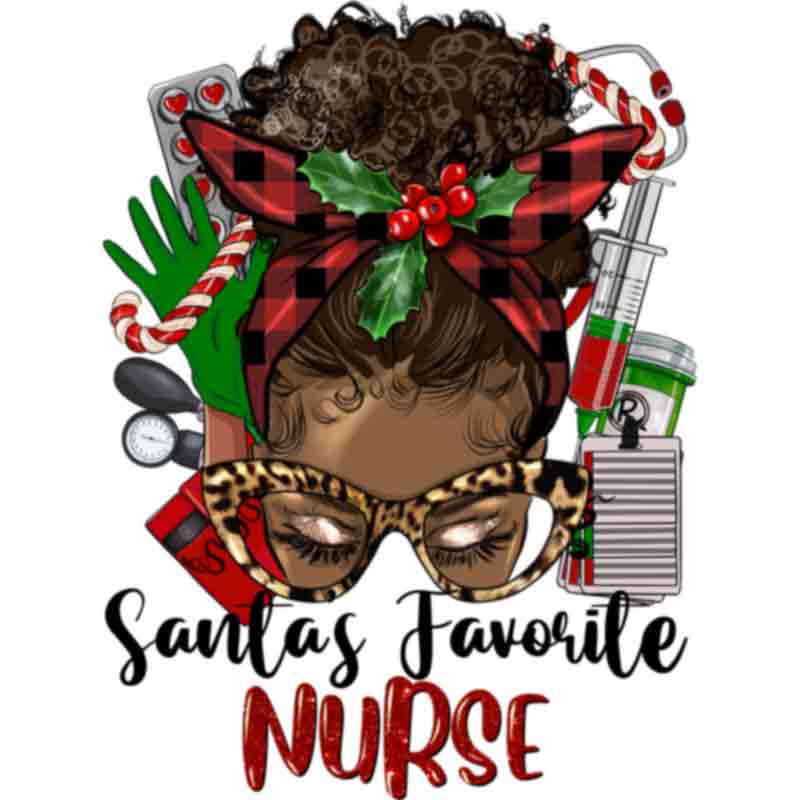 Christmas Nurse Afro Messy Bun (DTF Transfer)