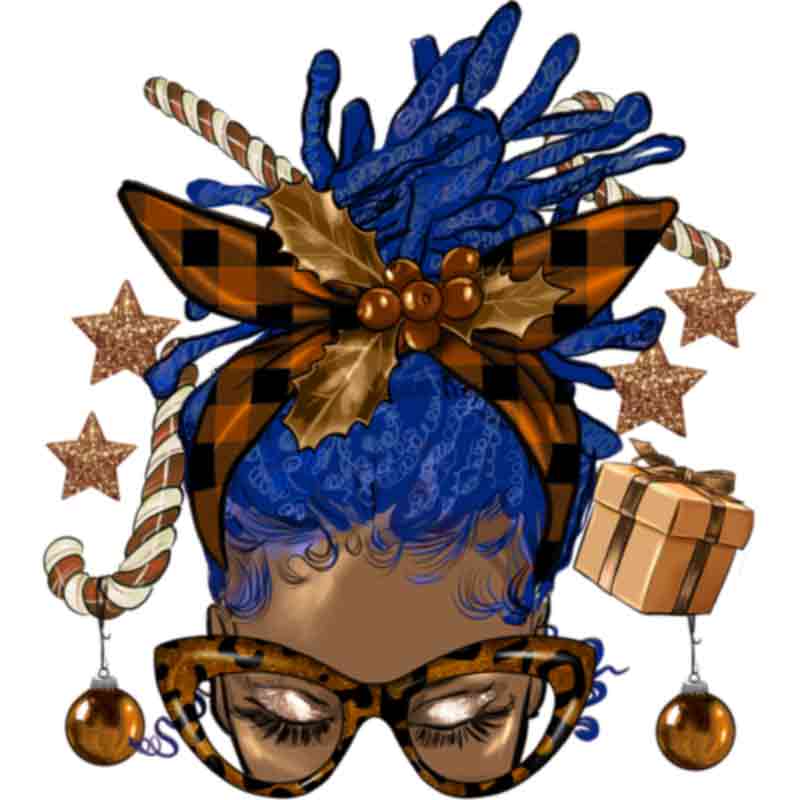 Melanin Christmas Afro Messy Bun Blue Locs (DTF Transfer)