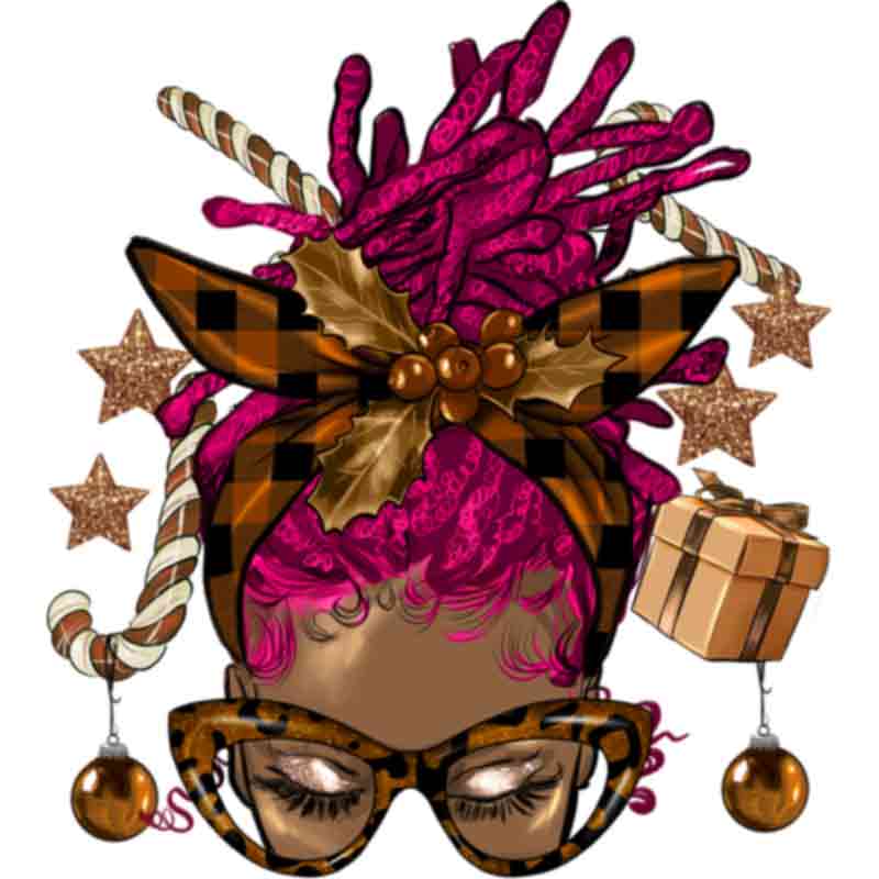 Melanin Christmas Afro Messy Bun Pink Locs (DTF Transfer)