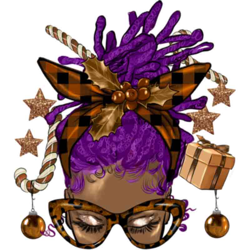 Melanin Christmas Afro Messy Bun Purple Locs (DTF Transfer)