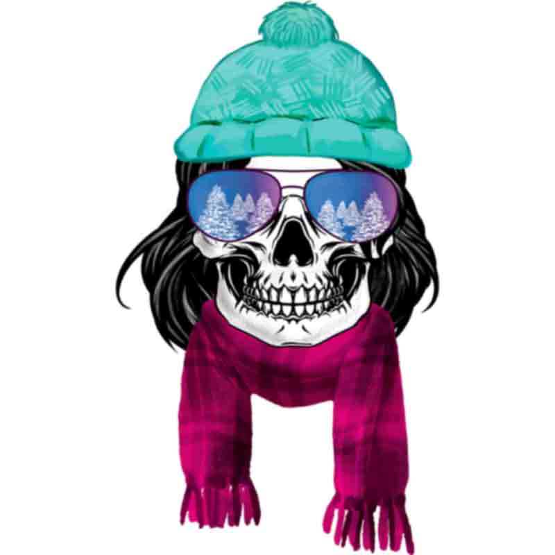 Winter New Year Skull With Hair And Sunglasses (DTF Transfer)